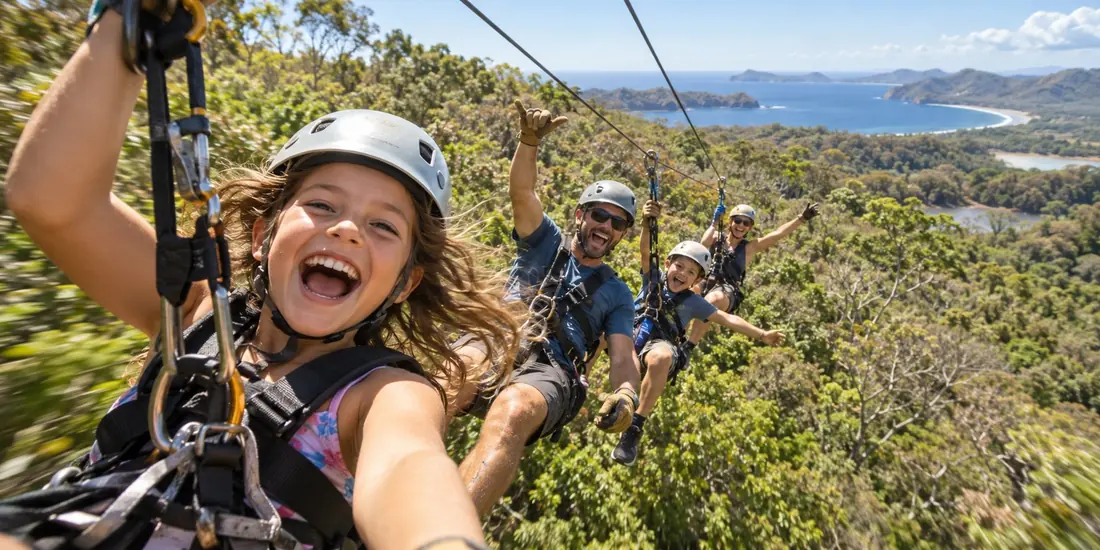 A family enjoying a canopy zipline above Guanacaste