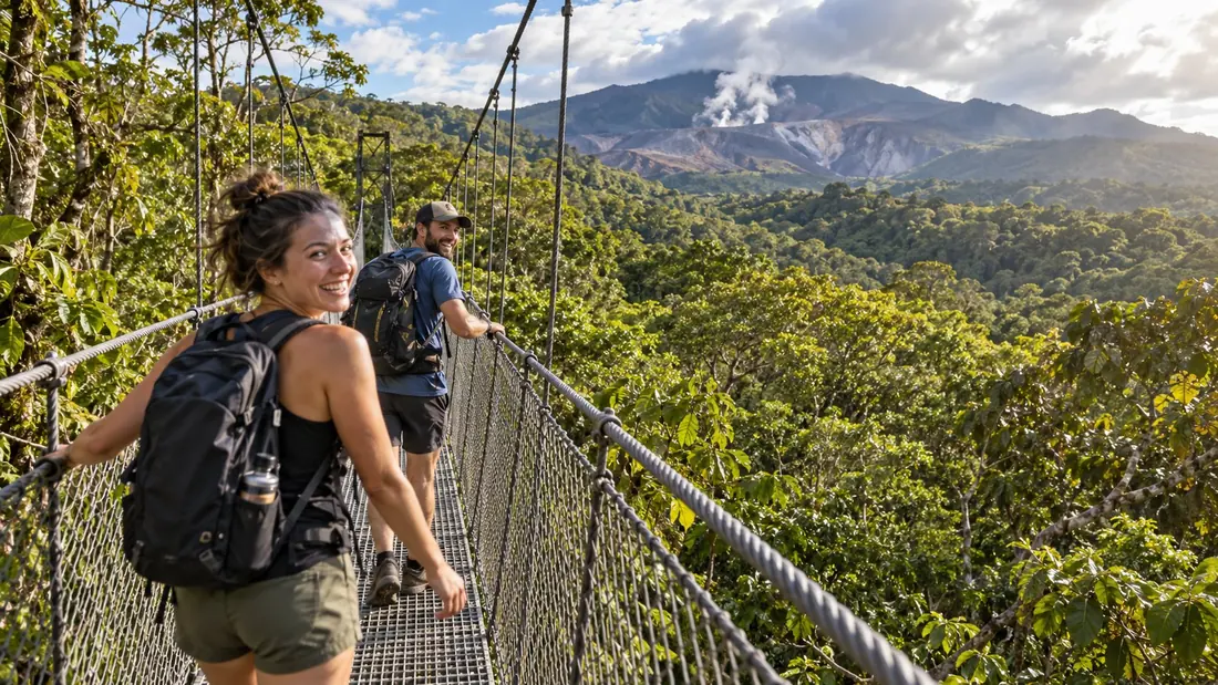 Travelers crossing a hanging bridge in Costa Rica's rainforest