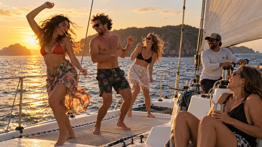 Guests dancing together on a sunset cruise in Papagayo Gulf