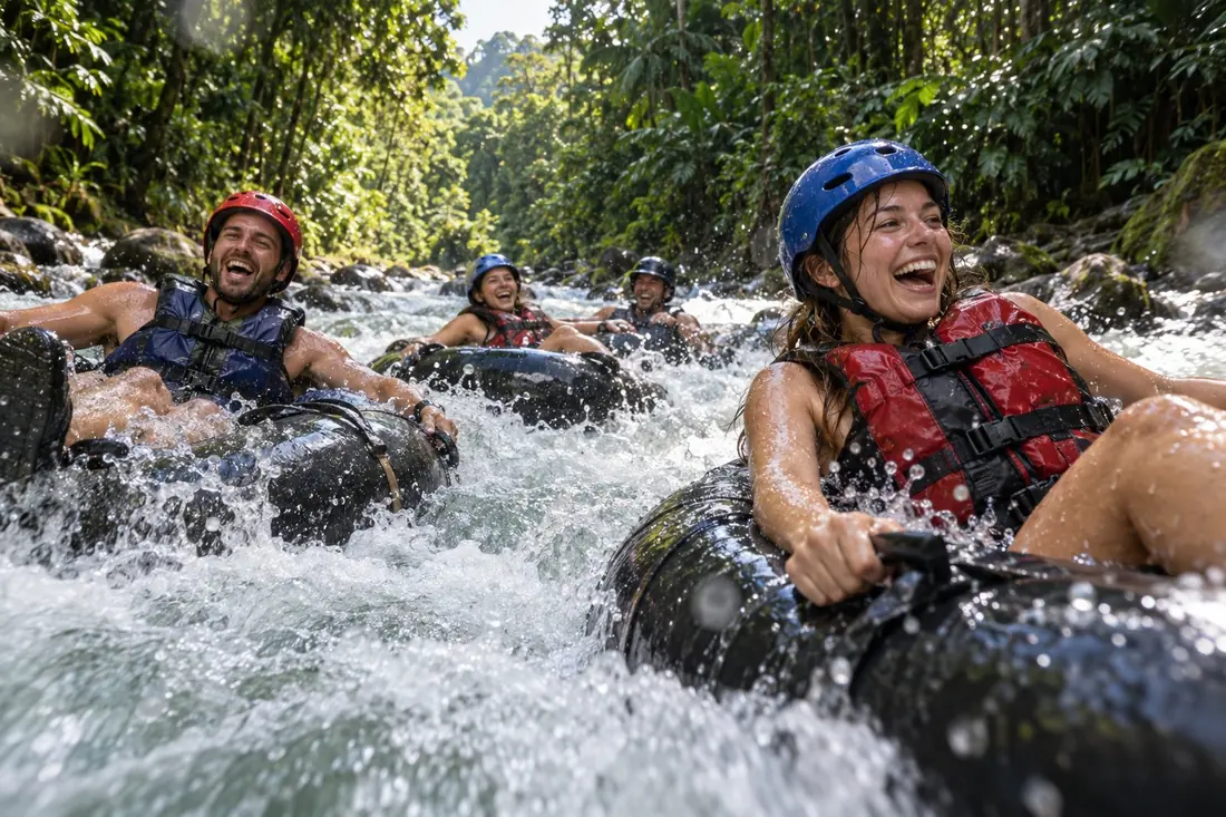 Guests laughing as they ride inner tubes through Costa Rica rapids